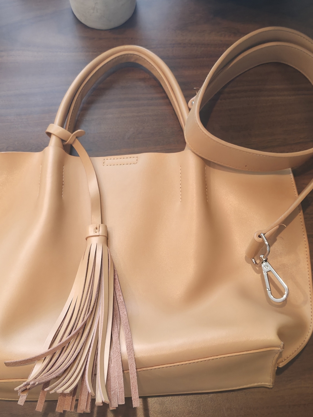 Tan Leather Tote Bag with Tassel